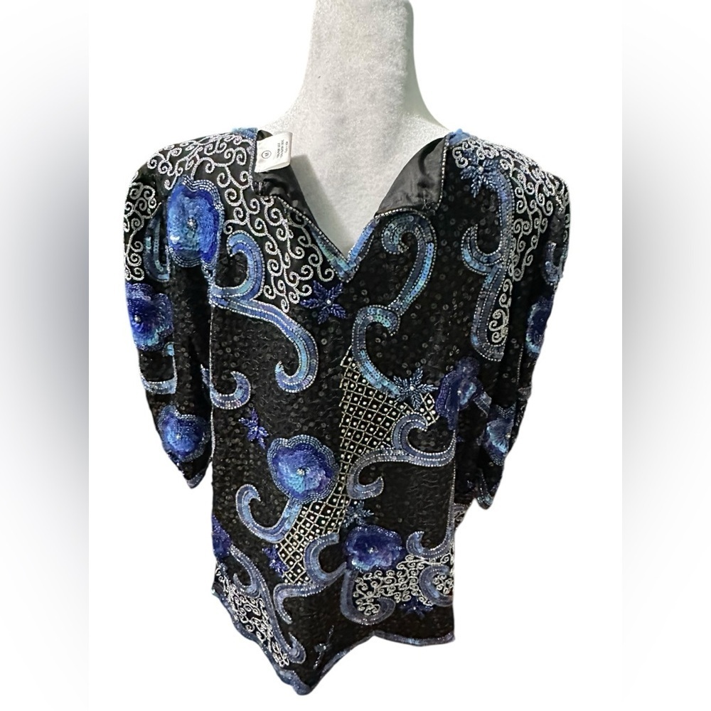 Elegant 100% pure silk Black and Blue Women's Top size M - Picture 9 of 9